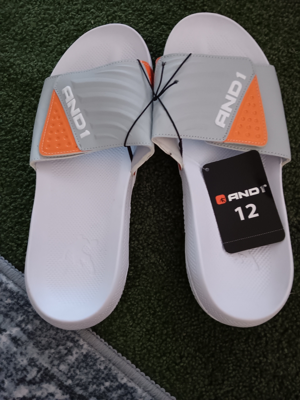 AND1 Men’s Slide Sandals in White and Gray with Orange Accents